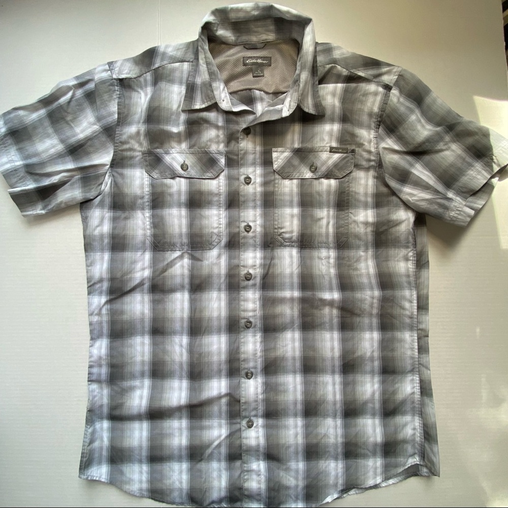 Eddie Bauer Button Up Short Sleeve Shirt Grey/ White Plaid Men's Sz TALL Large